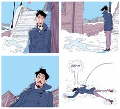 the comic strip shows an image of a man falling off his coat in the snow