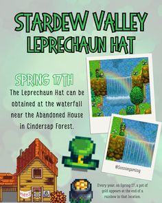 a flyer for the stardew valley leprechann hat festival with pictures of trees and a waterfall