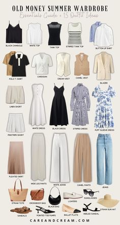 Old Money Summer Capsule Wardrobe + 15 Outfit Ideas French Summer Outfits Classy, How Many Style In Fashion, Midi Skirt Classy Outfit, Elegant Outfit Essentials, Summer Style Old Money, Old Money Outfit Inspiration, Spring Summer Outfits Casual, Summer Outfits Old Money Aesthetic, Summer In The Hamptons Aesthetic Outfits