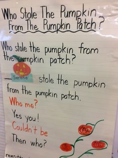 a white paper sign with writing on it that says who stole the pumpkin patch?