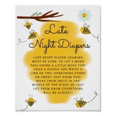 a yellow and white poster with the words late night diapers written in black on it