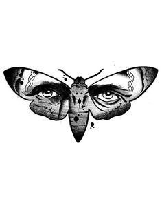 a black and white drawing of a butterfly's face with eyes drawn on it