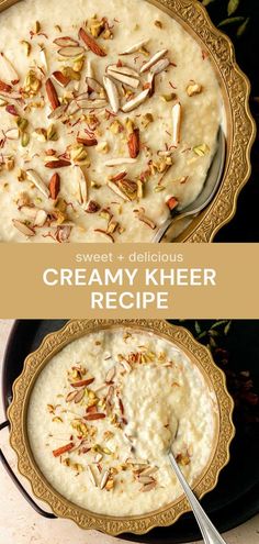 two bowls filled with creamy kheer and topped with nuts