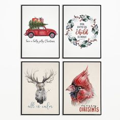 four christmas cards with animals and birds on them