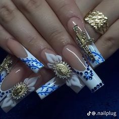 Paeka Degallo Acrylic Nails, Christian Nails Designs, Long Nails With Charms, God Nails, Virgin Mary Nails, Country Acrylic Nails, Sapphire Nails, Acrylic Nail Designs Classy