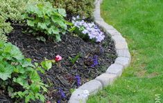 the garden is full of flowers and plants in it's flowerbeds, along with mulch