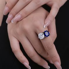 This beautiful ring feature two cushion cut sapphire, sure to add a splash of color to any look. Main Stone Type: Lab-Created White Blue Sapphire Main Stone Shape: Cushion Cut Main Stone Size: 10 x 10mm Main Stone Carat Weight: 5 carat * 2 Main Stone Quantity: 2 Main Stone Setting: 4 Prong Metal: 925 Sterling Silver Rhodium Finish: Yes Luxury Lab-created Sapphire Jewelry, Glamorous Jewelry, Moissanite Jewelry, Creating Jewelry, Stone Setting, Luxurious Design, Beautiful Ring, Cushion Cut, Sterling Silver Ring