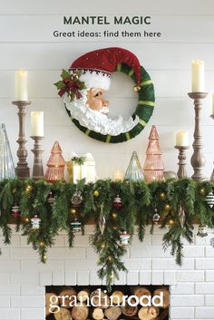 a mantel with christmas decorations and candles on it, along with a santa clause wreath