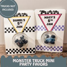 two monster truck party favors are shown in front of a card with the words monster trucks on it