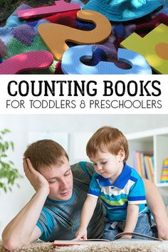 a young boy and his father are reading books with the title, counting books for toddlers & preschoolers