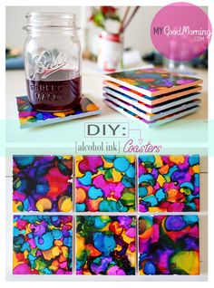 diy art collages with acrylic paint and coasters to make them look like they are floating in the air