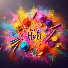 happy holi written in the middle of colorful powders and crayons on a black background