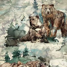 two bears are standing in the snow with one bear looking up at something behind them