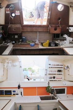 there are two pictures of the inside of a kitchen and one in an empty room