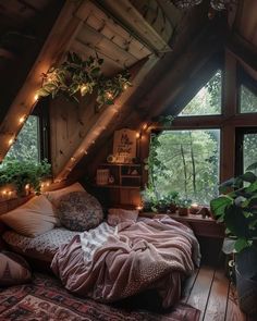 an attic bedroom is decorated with plants and lights