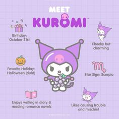 a purple poster with the words meet kuromi and other things surrounding it in different languages