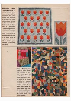 an old book with pictures of quilts and flowers on the pages, including tulips