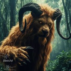 an animal with long horns standing in the woods, looking at the camera while holding it's arm out