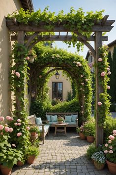 an outdoor patio with potted plants and benches