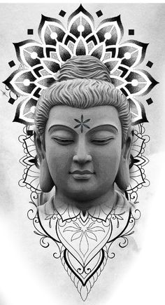 a drawing of a buddha head with an intricate design on it's back side