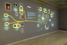 a large wall with many pictures and lights on it's sides, in a museum like setting