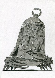 a drawing of a bell with an angel on it's side and another figure in the background