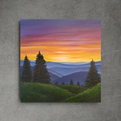 a painting of trees and mountains at sunset