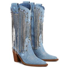 Present Perfect Cowboy Boots - Denim Cuz Bless Your Heart. These Cowboy Boots Have A Denim Construction, Rhinestone Fringe Detailing, Decorative Heart Shaped Stitching, Jewel Studs, And Side Zipper Closures. Details Blue Man Made Materials 4" Heel Diy Rhinestone Cowboy Boots, Denim Cowboy Boots, Bedazzled Cowboy Boots, Denim Cowgirl Outfit, Denim Cowgirl, Cowboy Boot Outfits, Rodeo Cowboy, Boot Bling, Denim Boots