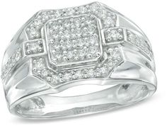 Zales Men's 3/4 CT. T.W. Diamond Ring in 10K White Gold White Square-cut Single Diamond Rings, White Square Cut Diamond Ring With Single Cut Diamonds, White Square Cut Diamond Ring, White Square-cut Diamond Ring, Dazzling White Square Cut Diamond Ring, White Signet Ring With Diamond Accents For Anniversary, White Diamond Accented Signet Ring For Wedding, White Signet Ring With Diamond Accents For Wedding, White Diamond Square Cut Ring