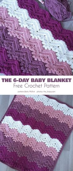 the crochet baby blanket is made with two different shades of purple and white