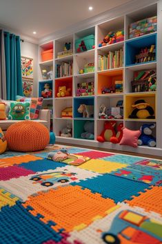 a child's playroom with toys and bookshelves