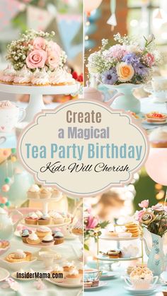 tea party with cupcakes, cakes and flowers on the table in pastel colors