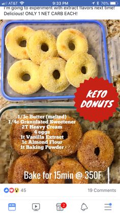 several donuts are in a plastic container on the counter top with instructions to bake them