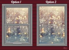 two windows with snowflakes on them and the words option 1, option 2