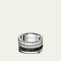 Quatre ring from Boucheron Approx. 0.5" width Polished 18-karat white gold 25 DEF white diamonds Textured PVD in black 0.51 total diamond carat weight Made in Switzerland Large Ring, Diamond Carat, Black Edition, White Diamonds, Diamond White, Switzerland, Jewelry Rings, Tops Designs, Diamonds