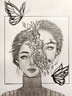 a drawing of a woman with butterflies on her head