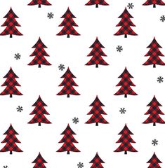 red and black plaid christmas trees with snowflakes on white background, seamless pattern