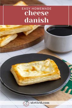 an easy homemade cheese danish on a plate with coffee and napkins in the background