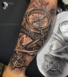 a man's arm with a compass and an anchor tattoo on the left forearm