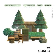 an image of a house surrounded by trees and rocks with the words config on it