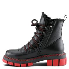 Azura Style: SUPERTRAMP Modernized hiker bootie starring a plush foldover tongue with vibrant contrasting red color pops, including the comfort outsole. Upper: Synthetic Lining: Faux Fur Insole: Faux Fur Outsole: TPR Closure: Lace-up, Zipper Heel Height: 2" Platform Height: 1 1/4" Shaft Height: 5 1/4" Circumference: 9 Spring Step Shoes, Zipper Heels, Size Chart For Kids, Comfort Shoes, Womens Size Chart, Black Booties, Dr. Martens Boots, Comfortable Shoes, Bootie