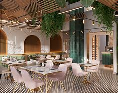 the interior of a restaurant with tables, chairs and plants hanging from the ceiling above