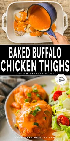 Oven-baked buffalo chicken thighs are juicy, tender, and smothered in buttery Buffalo sauce! These Buffalo chicken thighs are super easy to make, equally perfect for a spicy main entree as they are for a hearty game day dish.