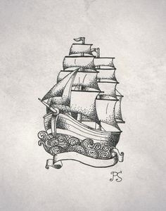 a drawing of a ship with a banner on it