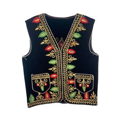 Ceremonial folk wear wool vest with detailed embroidery in red, green, and gold.  Hook and loop closure.   Material: Wool Chest: 30" Pit to Pit: 15" Length from midway of top shoulder seam: 17" Pockets: 3.5 x 4" All of our items are authentic and sold as is. We accept light wear and tear as part of the beauty of age and comfort. Any major issues will be noted.  Visit our website for more special finds www.honeypotvintage.com Folk Style Festive Vest With Floral Embroidery, Festive Embroidered Vest With Multicolor Embroidery, Festive Folk Vest With Floral Embroidery, Festive Vest With Multicolor Embroidery, Festive Embroidered Multicolored Vest, Red Embroidered Sleeveless Vest, Folk Style Embroidered Vest, Traditional Embroidered Vest For Festivals, Traditional Multicolor Embroidered Vest For Festivals