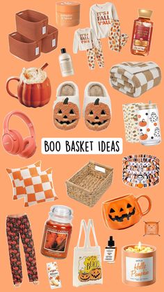 an orange background with pumpkins, candles and other items on it that says boo basket ideas