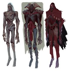 three different types of zombie costumes, one in red and the other in black with blood on