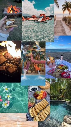 a collage of photos with people and food on the beach, in different places