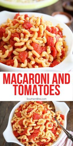 macaroni and tomato pasta in a white bowl on a wooden table with text overlay