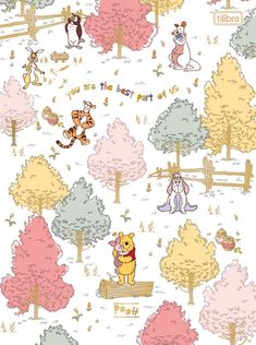 a notebook with winnie the pooh and friends on it, surrounded by cartoon characters